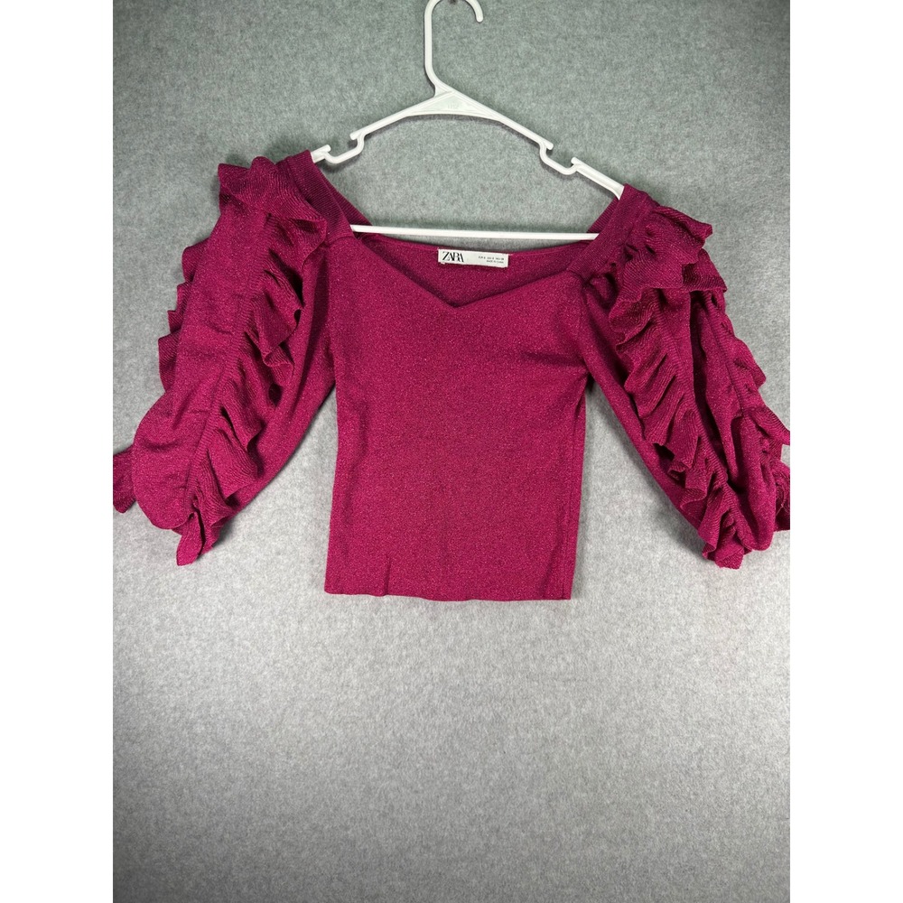 Zara Magenta Metallic Shimmer Knit Ruffle Puff Sleeve Top V-Neck Size S